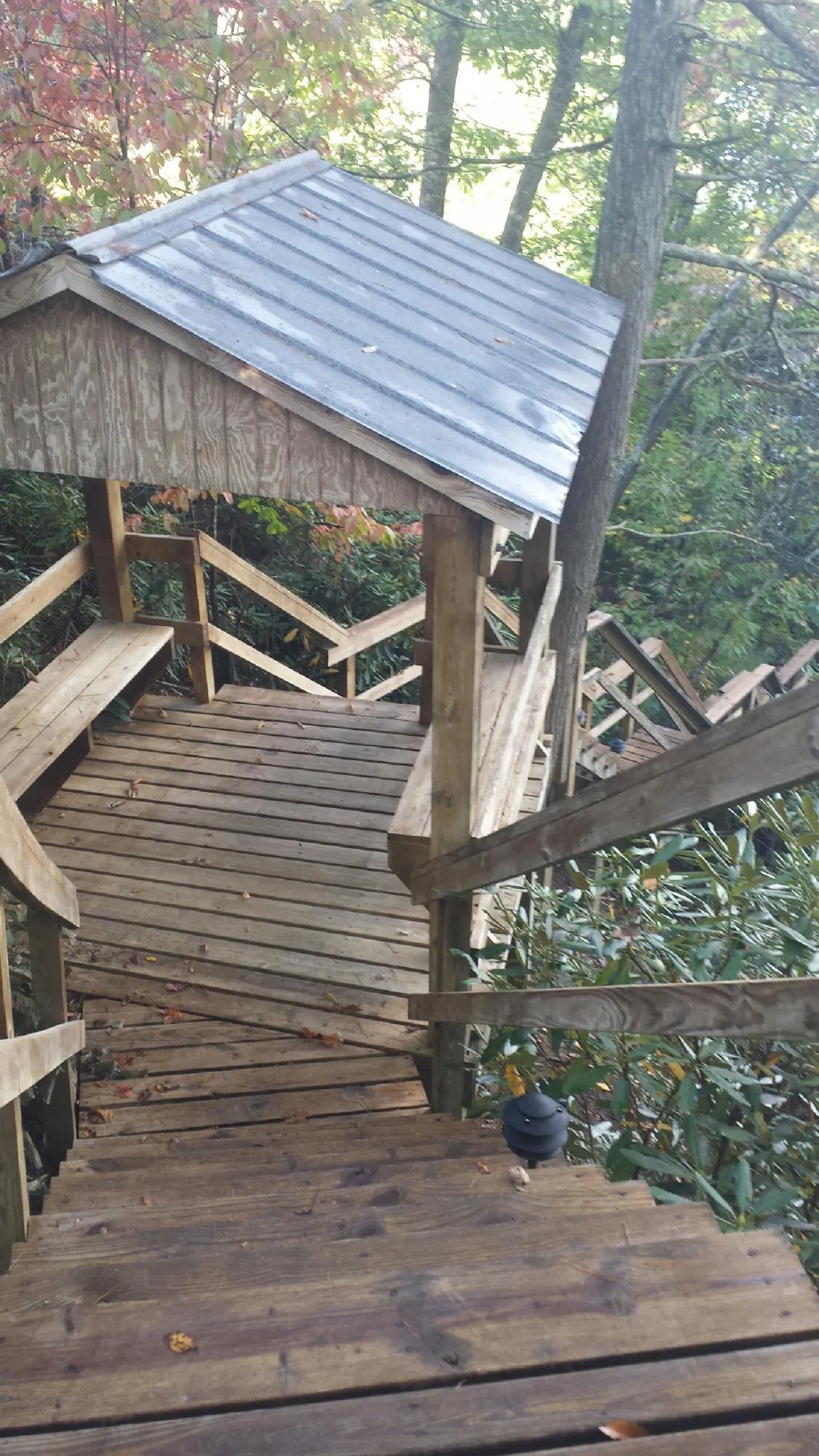 Metal roofed shelter over wooden steps on a wooded walkway — Skylight Repair & Installation work by our crew in Alvord